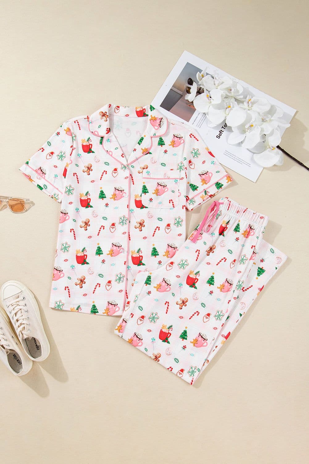 image-Pink Christmas Spirit Cute Holiday Print Short Sleeve Shirt and Pants 2pcs Pajama Set