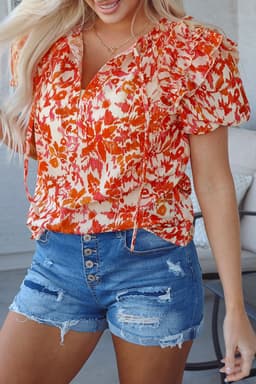 image-Floral Print Ruffled Short Puff Sleeve Split Neck Blouse - Orange (65 characters)