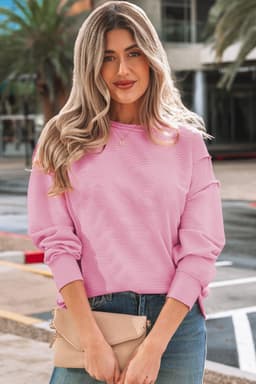 image-Sea Green Horizontal Ribbed Exposed Seam Detail Drop Shoulder Baggy Pullover