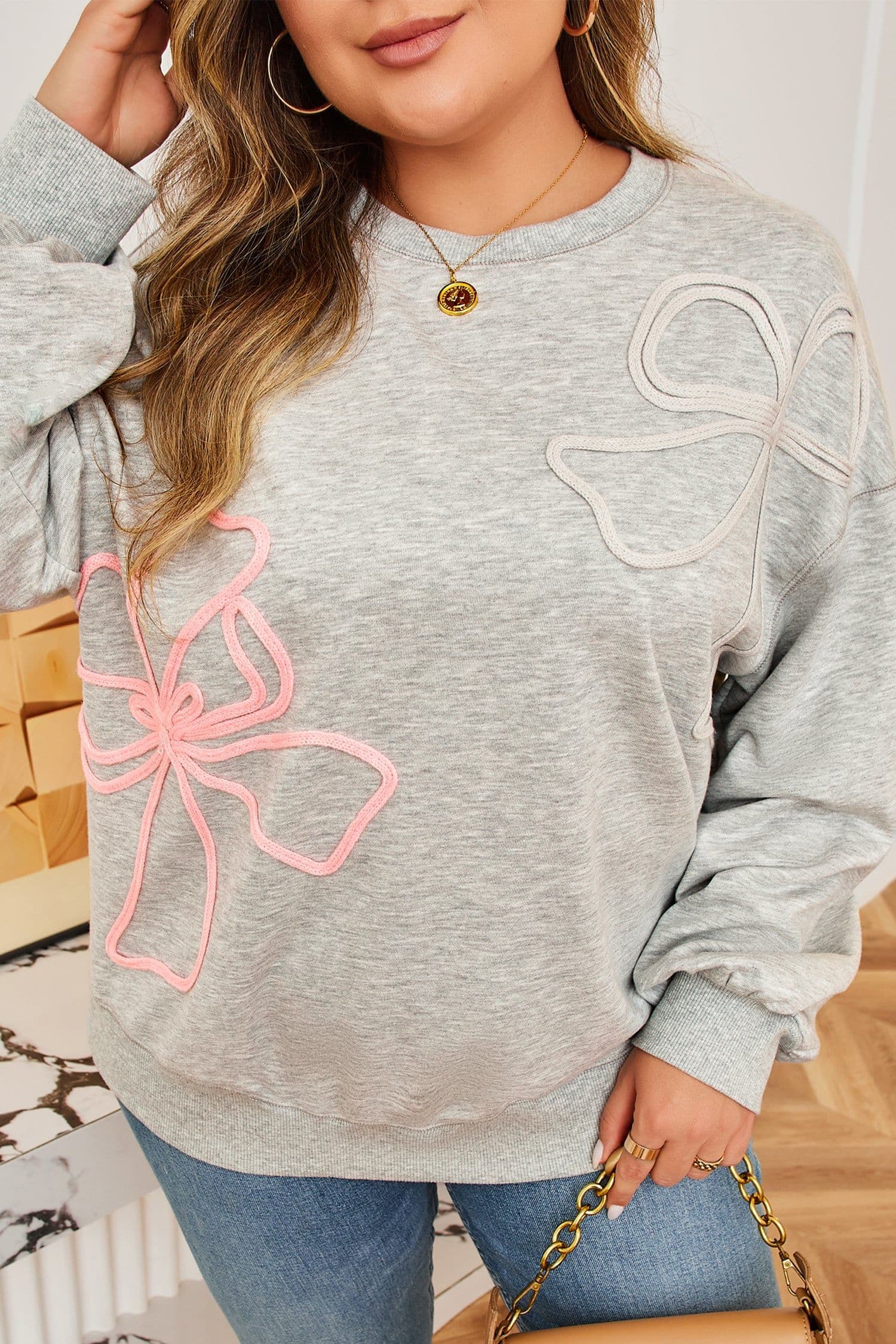 image-Light Grey Plus Size Sweatshirt Thread Embroidered
