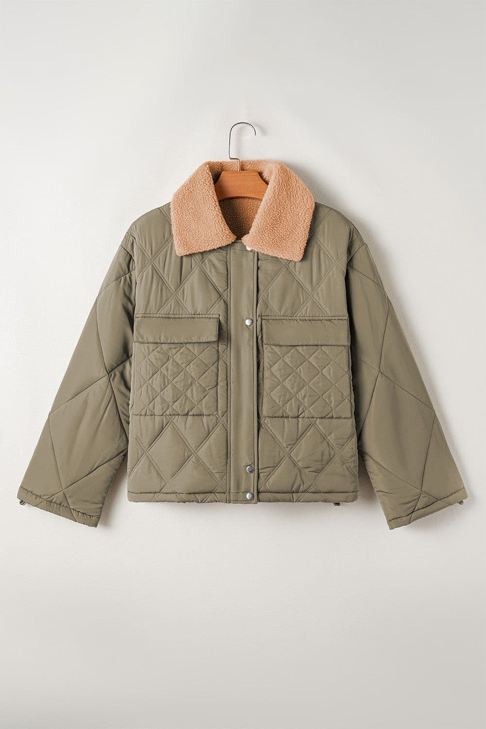 image-Jungle Green Teddy Collar Flap Pockets Quilted Puffer Jacket