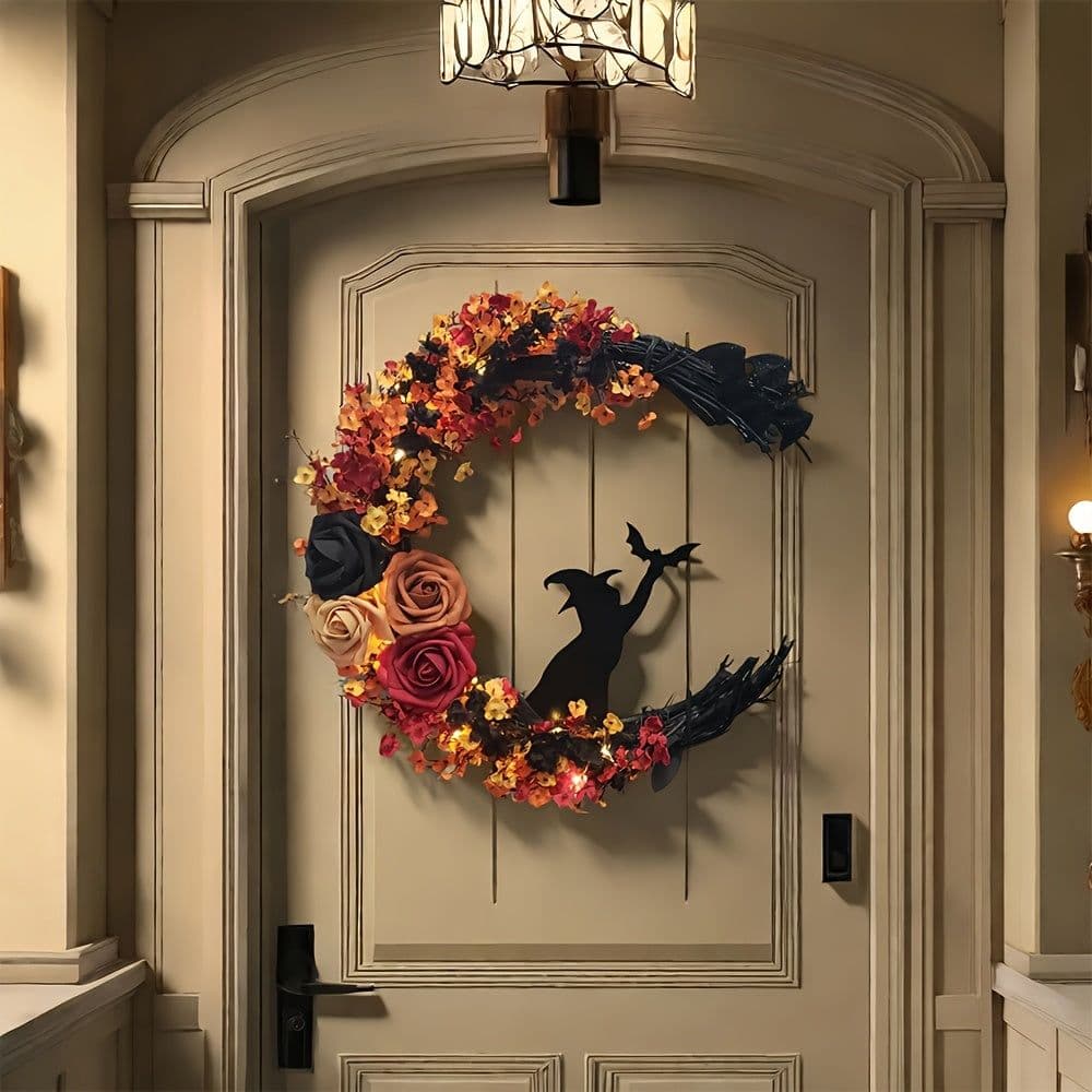 image-Halloween Witch Cat Moon Wreath