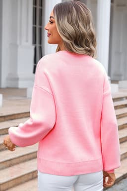 image-Pink Bow Graphic Drop Shoulder Sweater