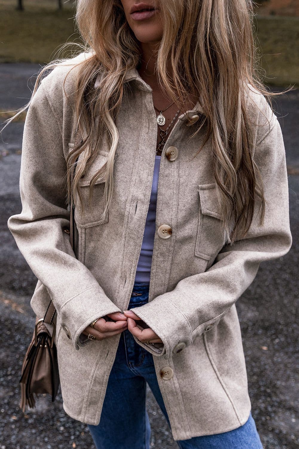 image-Light Grey Shacket - Turn Down Collar Flap Pockets