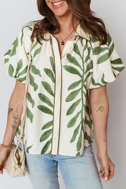 image-Green Leaf Print Short Balloon Sleeve Shirt