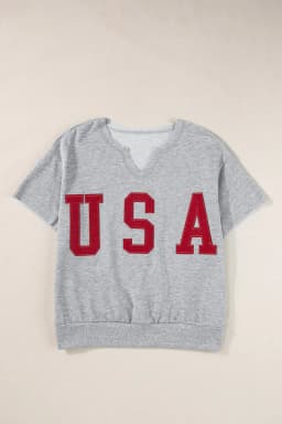 image-Light Grey USA Lettering Patch Notched Neck Loose Tee