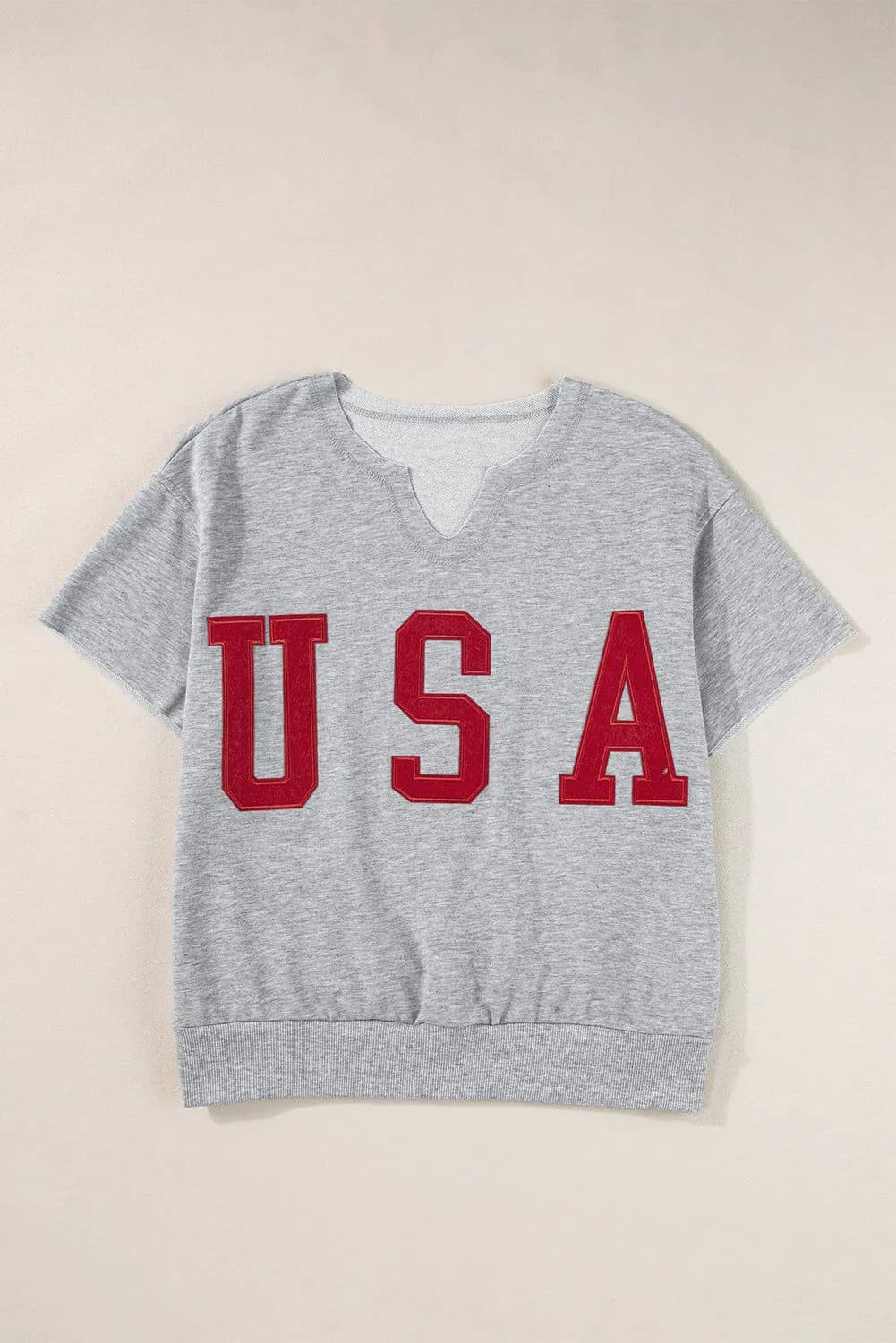 image-Light Grey USA Lettering Patch Notched Neck Loose Tee