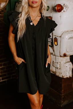 image-Black Ruffle Sleeve V Neck Frilled Shift Dress