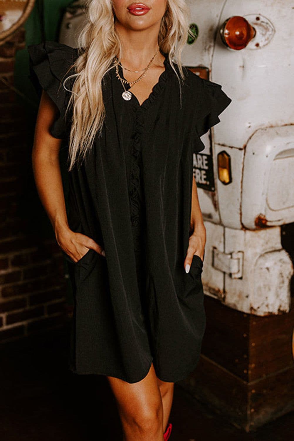 image-Black Ruffle Sleeve V Neck Frilled Shift Dress