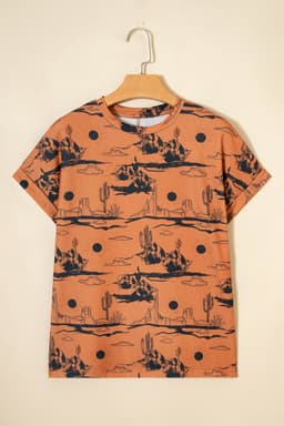 image-Chestnut Desert Sand Print Short Sleeve Knit Top