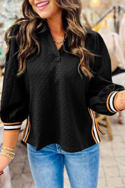 image-Black Striped Patchwork Polo Sweatshirt