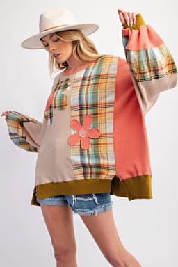 image-Plaid Patchwork Side Slits Loose Multicolour Sweatshirt