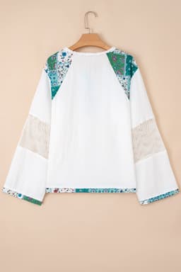 image-White Mesh Patched Color Block Half Button Blouse