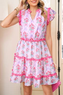 image-Purple Floral Tiered Ruffle Sleeveless V-Neck Mini Dress