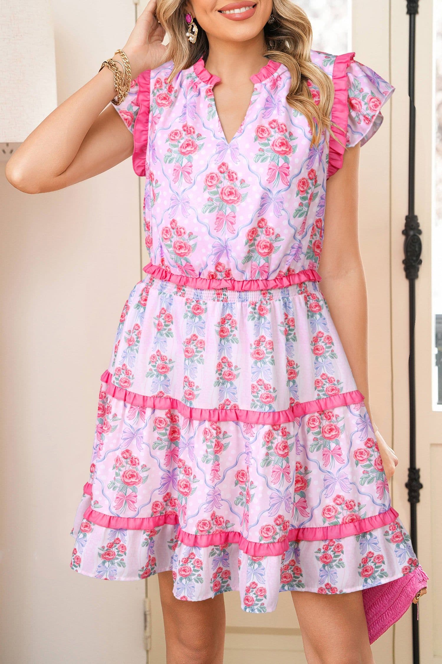 image-Purple Floral Tiered Ruffle Sleeveless V-Neck Mini Dress