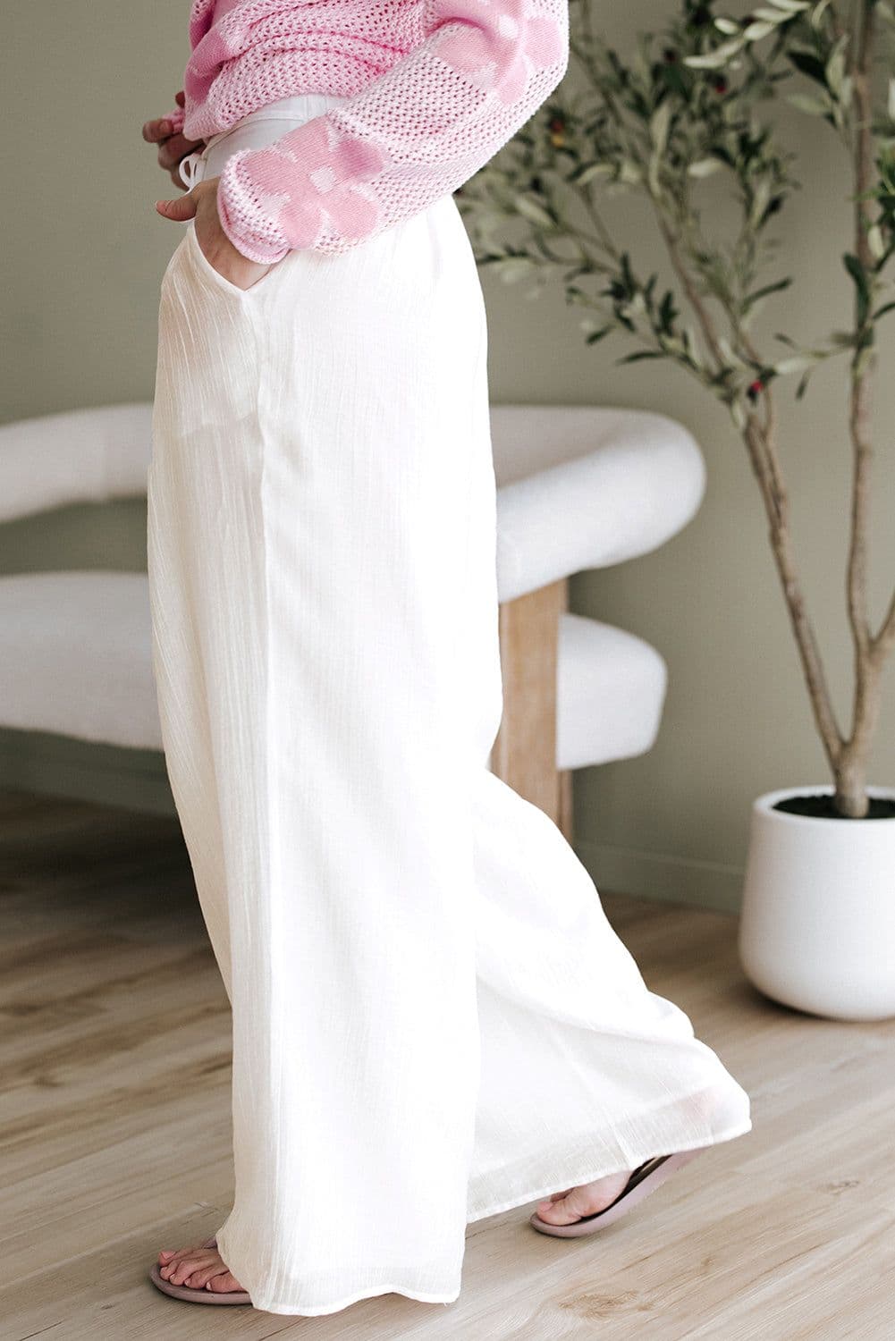 image-White Tie Waist Pleated Wide Leg Pants - Chic Casual Fit