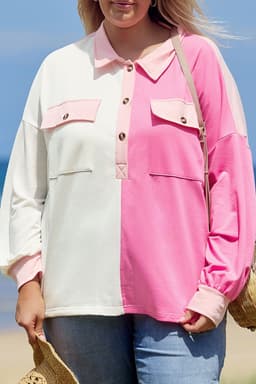 image-Bonbon Plus Size Color Block Sweatshirt with Chest Pockets Half Button