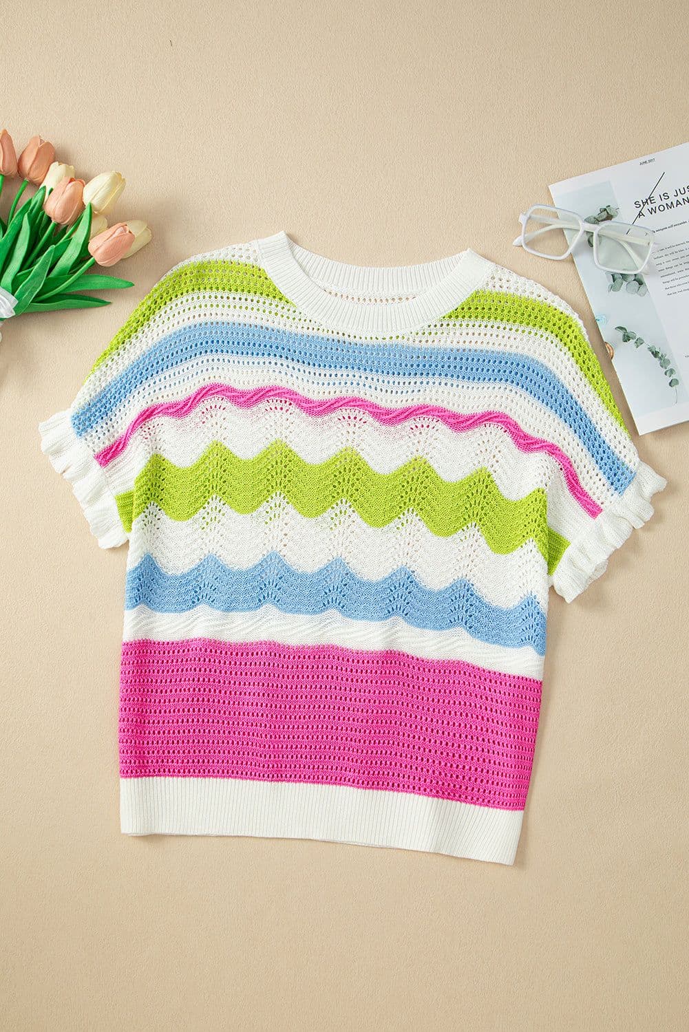 image-White Colorblock Crochet Knit Ruffled Short Sleeve Top