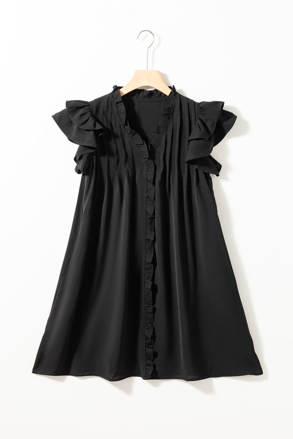 image-Black Ruffle Sleeve V Neck Frilled Shift Dress