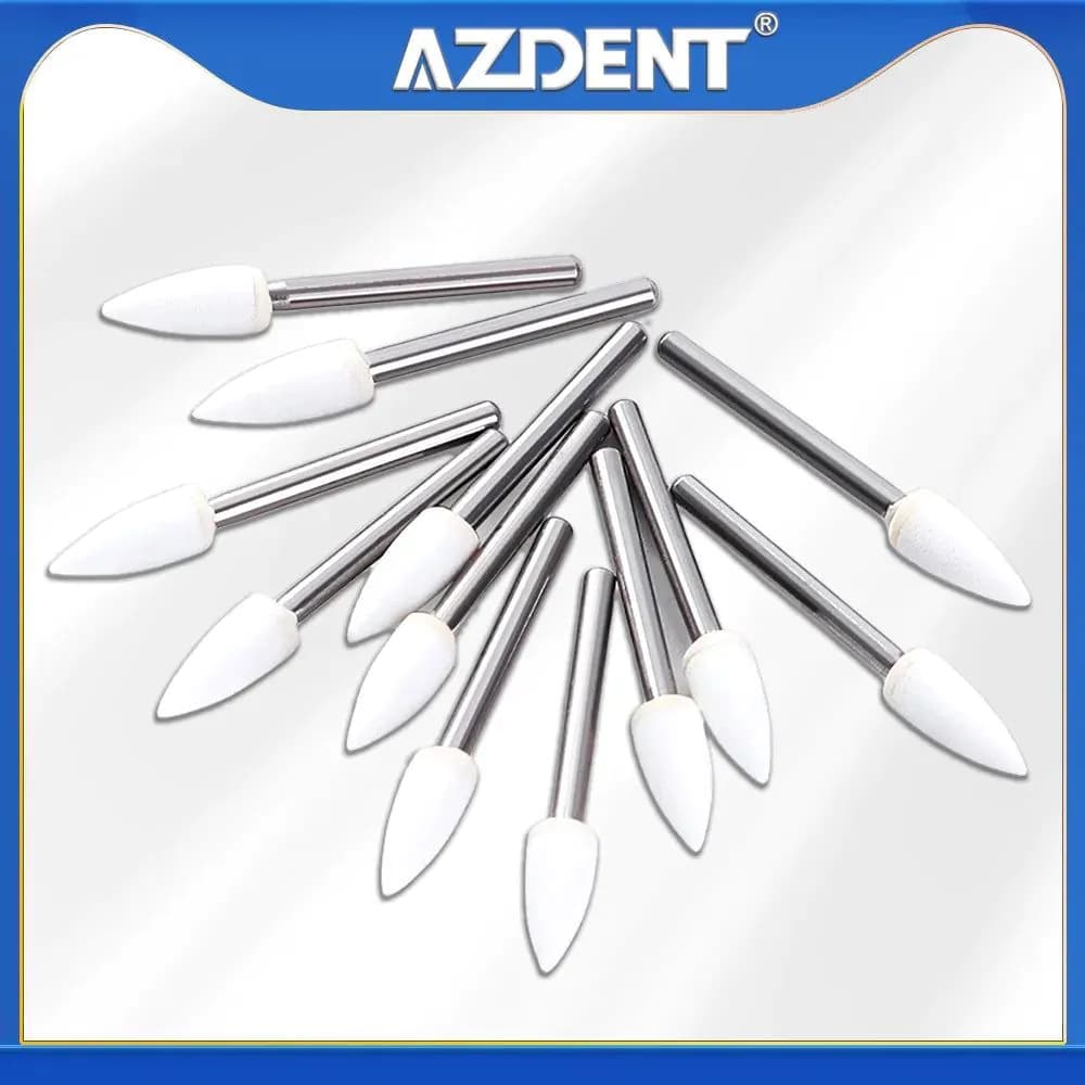 image-(12pcs/box)Dia1.6mm Azdent White Stone Polishing Burs for Finishing Porcelain Enamel & Composite Resin Flame/Cone/Round Shape