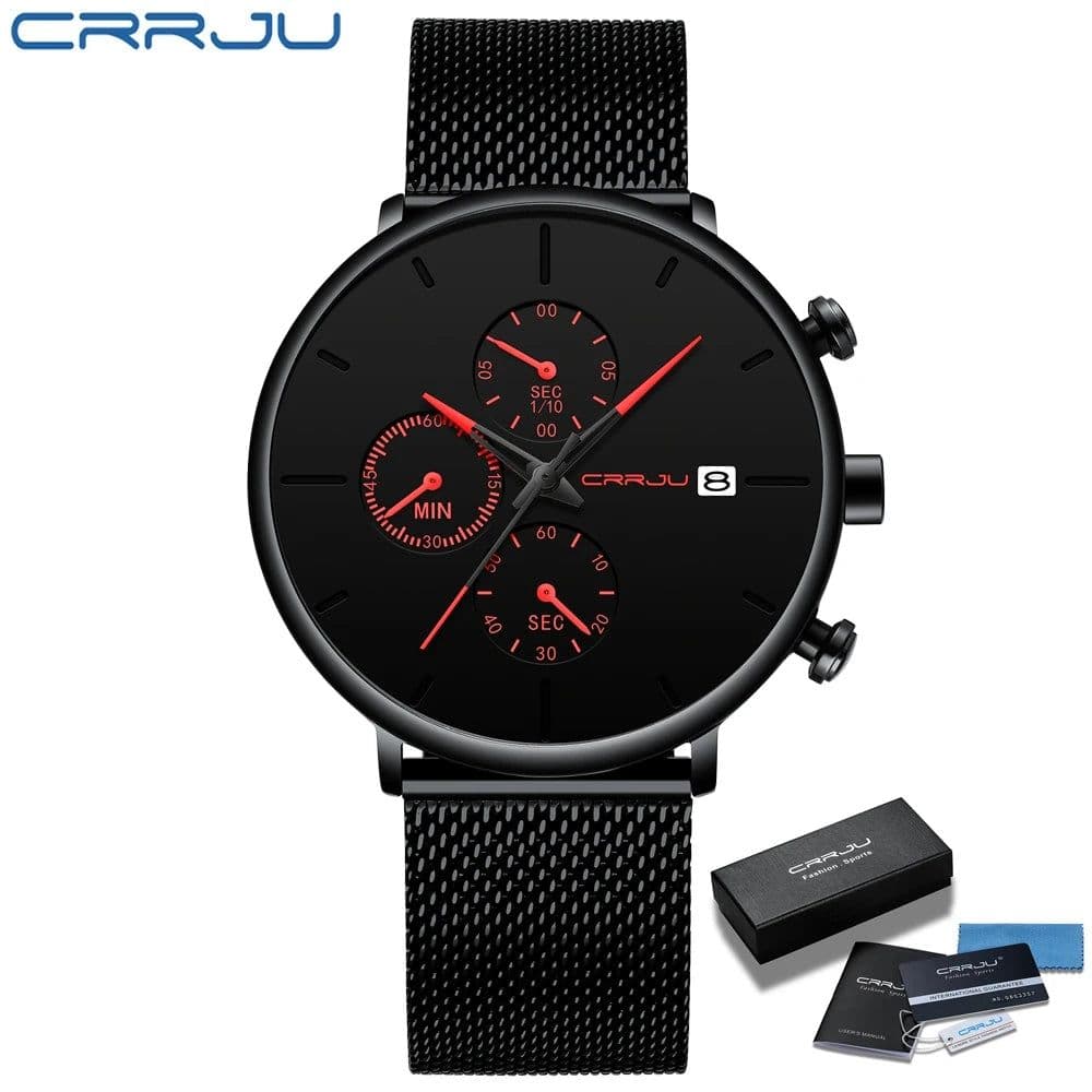 image-CRRJU Mens Watches Luxury Sport Wrist Watch Unique Design Stainless Steel Auto Date Mesh Strap Men Fashion Casual Quartz Watches