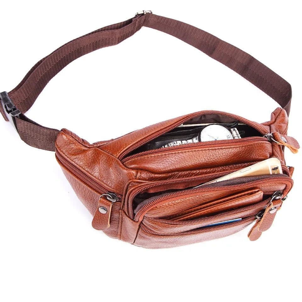 image-Fashion Men Genuine Leather Fanny Bag for Phone Pouch Male Leather Messenger Bags Brand Fanny Pack Male Travel Waist Bag Men