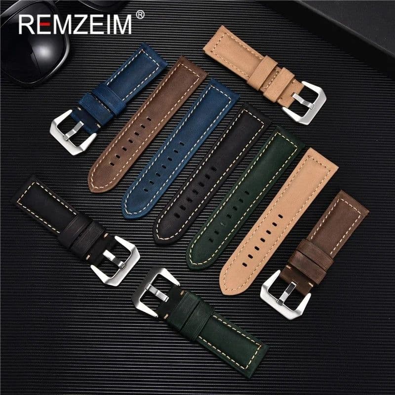 image-Retro Genuine Leather Strap Handmade Crazy Horse Skin Cowhide Leather Watchband 20 22 24 26 mm High Quality Watch Band