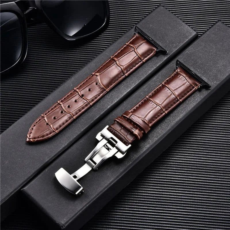 image-Embossed Leather Men Watch Straps for Apple Watch 8 7 6 SE 5 4 Butterfly Buckle 45mm 44mm 42mm 41mm 40mm 38mm Business Watchband