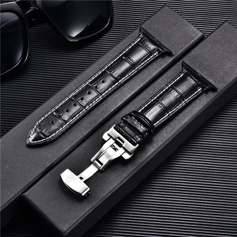image-Embossed Leather Men Watch Straps for Apple Watch 8 7 6 SE 5 4 Butterfly Buckle 45mm 44mm 42mm 41mm 40mm 38mm Business Watchband