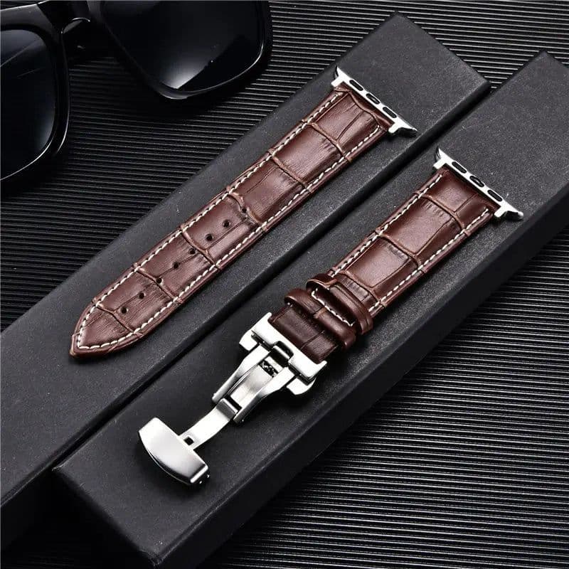 image-Embossed Leather Men Watch Straps for Apple Watch 8 7 6 SE 5 4 Butterfly Buckle 45mm 44mm 42mm 41mm 40mm 38mm Business Watchband