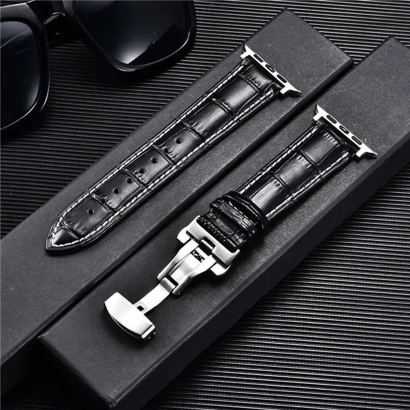 image-Embossed Leather Men Watch Straps for Apple Watch 8 7 6 SE 5 4 Butterfly Buckle 45mm 44mm 42mm 41mm 40mm 38mm Business Watchband