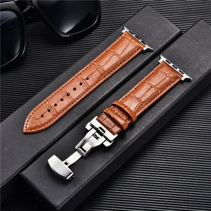 image-Embossed Leather Men Watch Straps for Apple Watch 8 7 6 SE 5 4 Butterfly Buckle 45mm 44mm 42mm 41mm 40mm 38mm Business Watchband