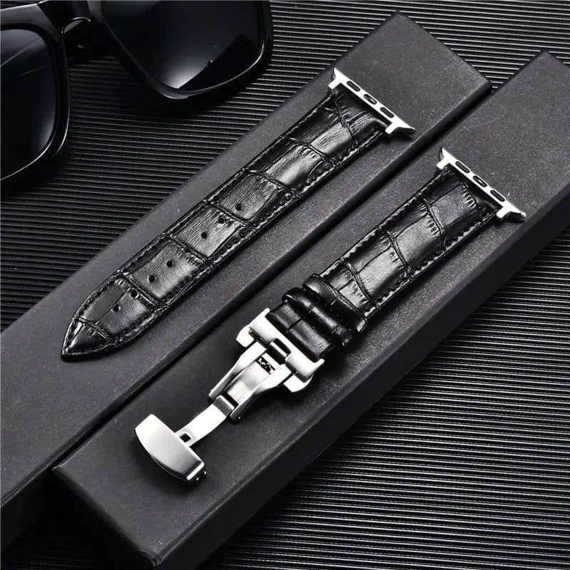 image-Embossed Leather Men Watch Straps for Apple Watch 8 7 6 SE 5 4 Butterfly Buckle 45mm 44mm 42mm 41mm 40mm 38mm Business Watchband