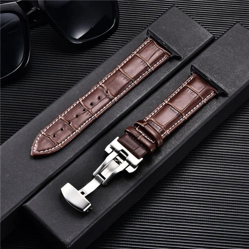 image-Embossed Leather Men Watch Straps for Apple Watch 8 7 6 SE 5 4 Butterfly Buckle 45mm 44mm 42mm 41mm 40mm 38mm Business Watchband