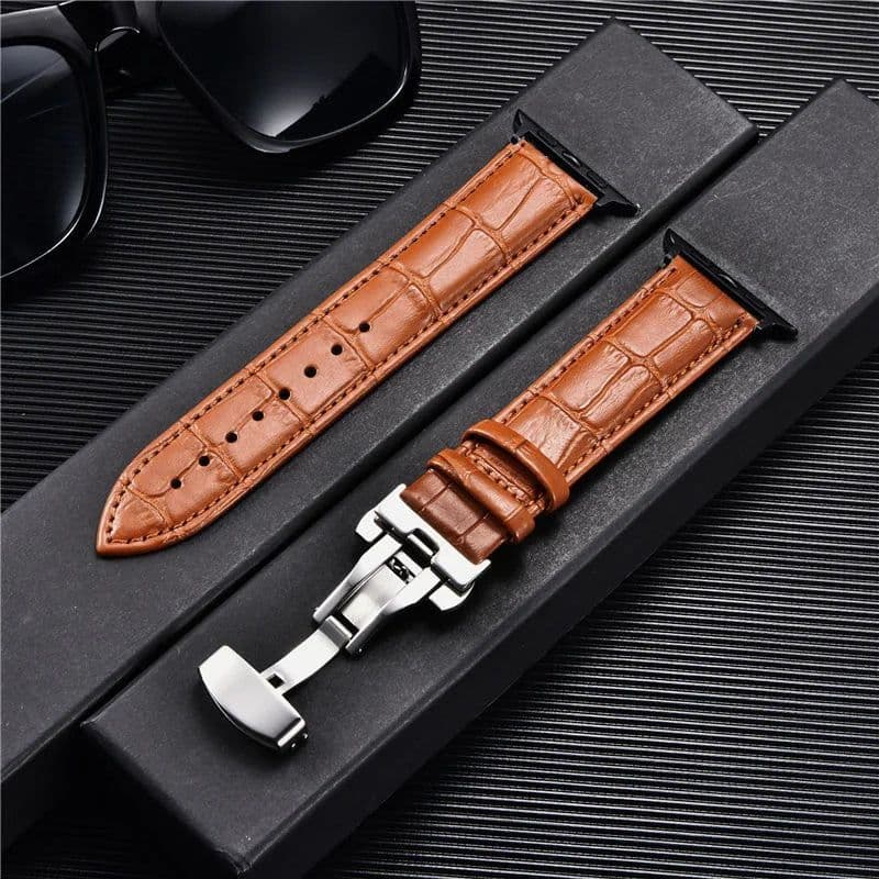 image-Embossed Leather Men Watch Straps for Apple Watch 8 7 6 SE 5 4 Butterfly Buckle 45mm 44mm 42mm 41mm 40mm 38mm Business Watchband