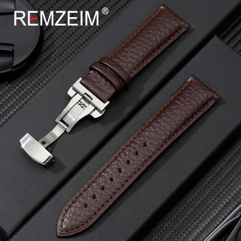image-Calfskin Watchbands Litchi Grain Strap Watch Accessories 18/20/22/24mm Genuine Leather Wristwatch Band With Butterfly Buckle