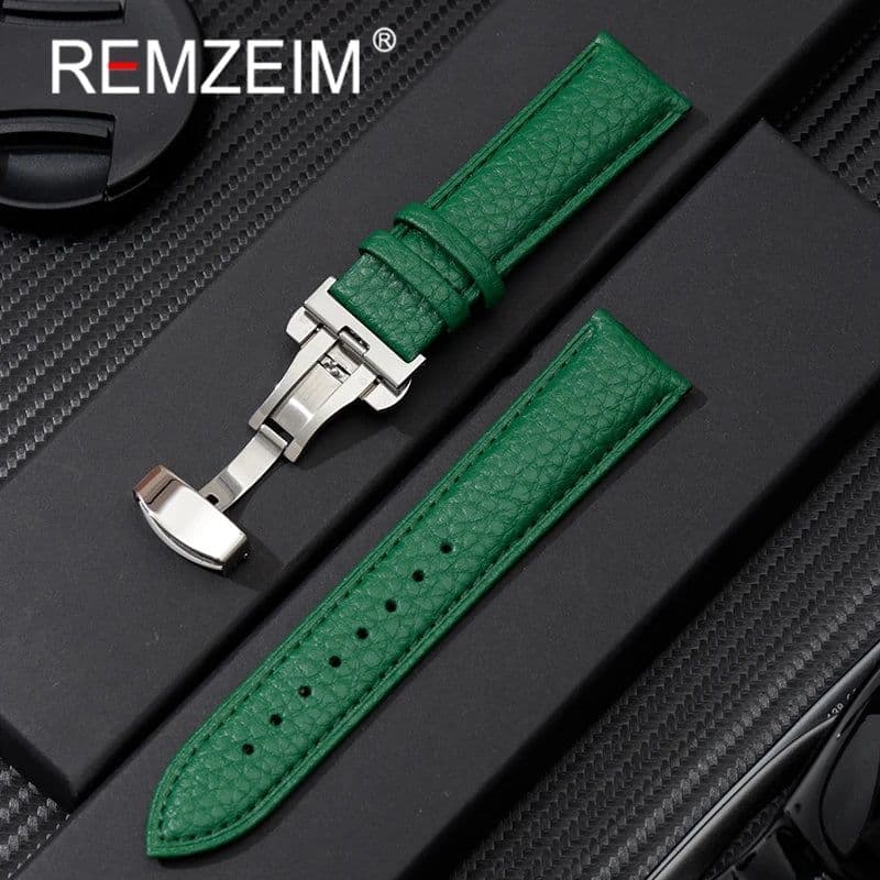 image-Calfskin Watchbands Litchi Grain Strap Watch Accessories 18/20/22/24mm Genuine Leather Wristwatch Band With Butterfly Buckle