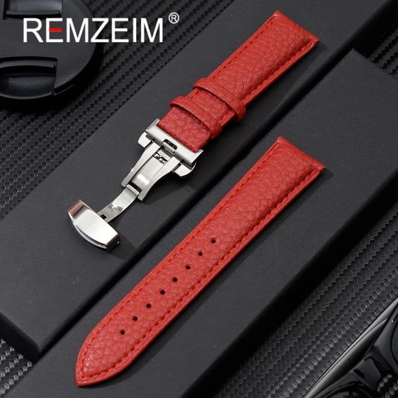 image-Calfskin Watchbands Litchi Grain Strap Watch Accessories 18/20/22/24mm Genuine Leather Wristwatch Band With Butterfly Buckle