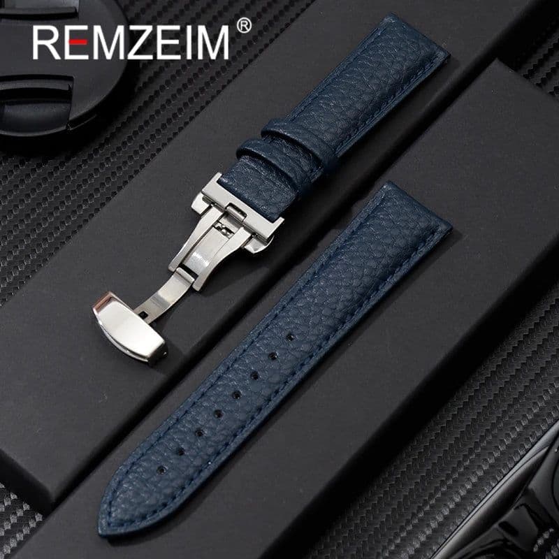 image-Calfskin Watchbands Litchi Grain Strap Watch Accessories 18/20/22/24mm Genuine Leather Wristwatch Band With Butterfly Buckle