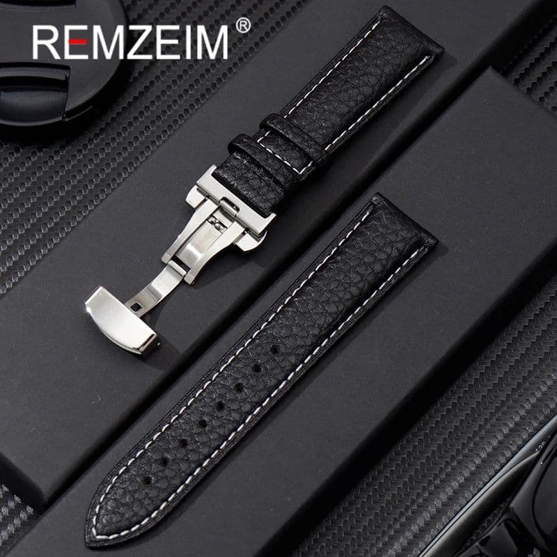 image-Calfskin Watchbands Litchi Grain Strap Watch Accessories 18/20/22/24mm Genuine Leather Wristwatch Band With Butterfly Buckle