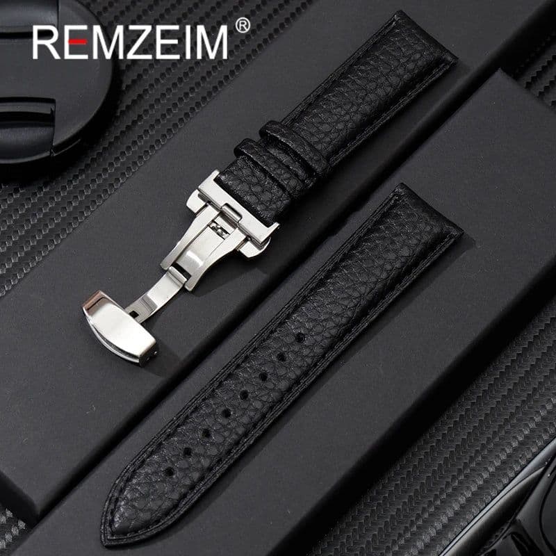 image-Calfskin Watchbands Litchi Grain Strap Watch Accessories 18/20/22/24mm Genuine Leather Wristwatch Band With Butterfly Buckle