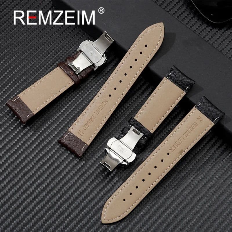 image-Calfskin Watchbands Litchi Grain Strap Watch Accessories 18/20/22/24mm Genuine Leather Wristwatch Band With Butterfly Buckle
