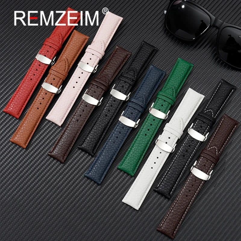 image-Calfskin Watchbands Litchi Grain Strap Watch Accessories 18/20/22/24mm Genuine Leather Wristwatch Band With Butterfly Buckle