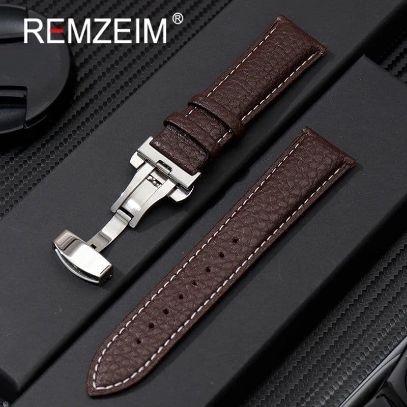 image-Calfskin Watchbands Litchi Grain Strap Watch Accessories 18/20/22/24mm Genuine Leather Wristwatch Band With Butterfly Buckle