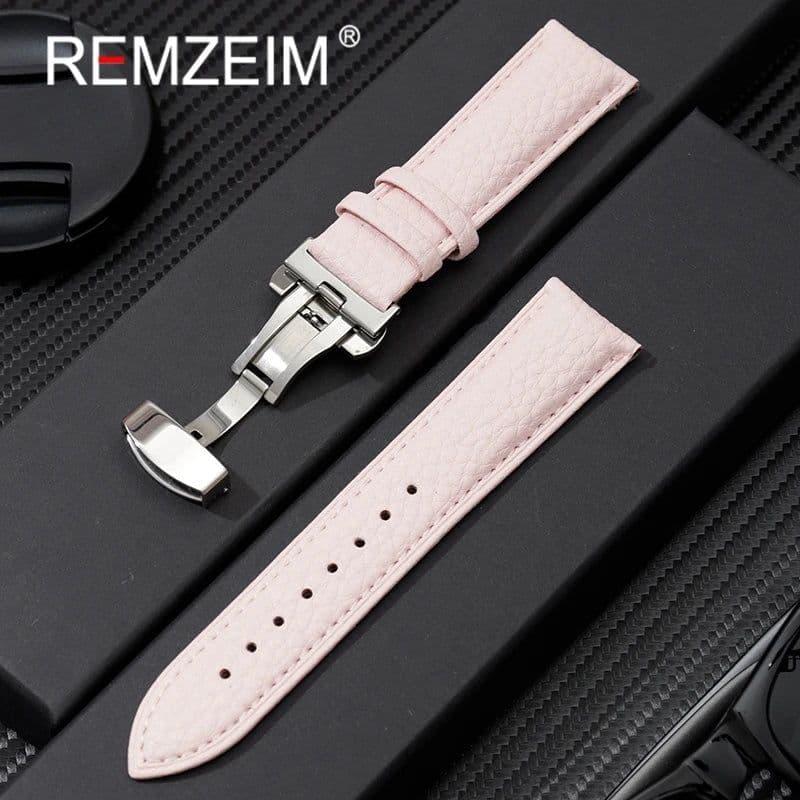 image-Calfskin Watchbands Litchi Grain Strap Watch Accessories 18/20/22/24mm Genuine Leather Wristwatch Band With Butterfly Buckle