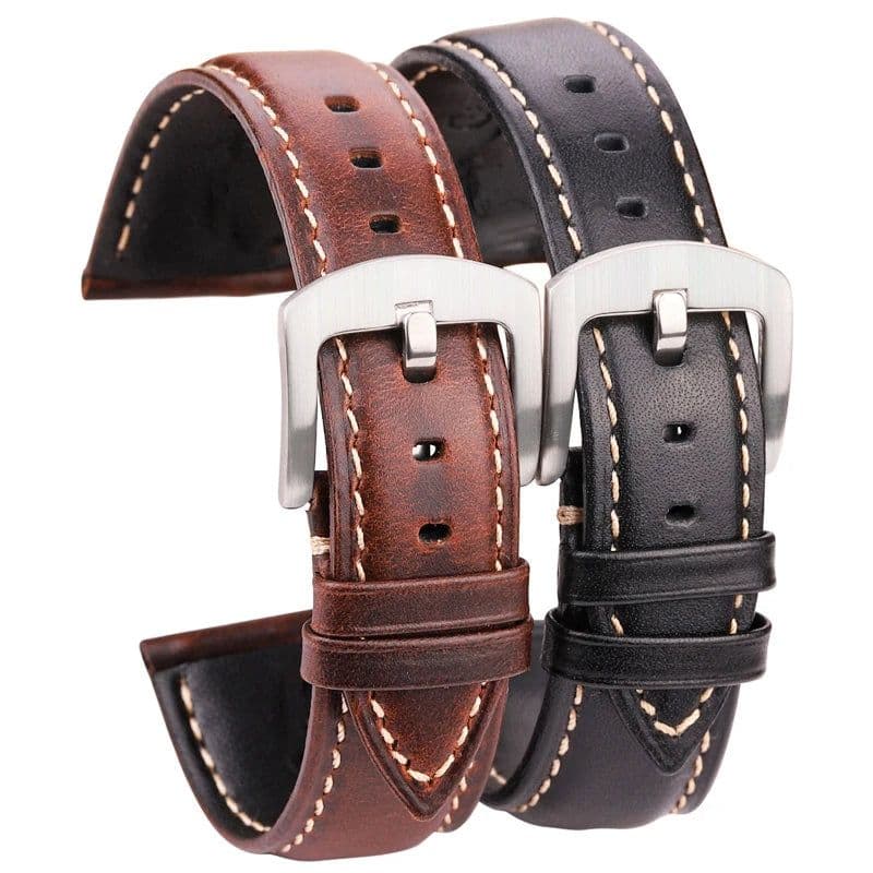 image-Oil Wax Cowhide Watch Band Strap Women Men Black Brown Smooth Genuine Leather Watchband 18 19 20 21 22 24mm Belt
