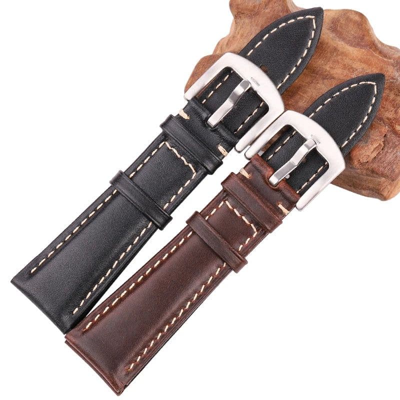image-Oil Wax Cowhide Watch Band Strap Women Men Black Brown Smooth Genuine Leather Watchband 18 19 20 21 22 24mm Belt