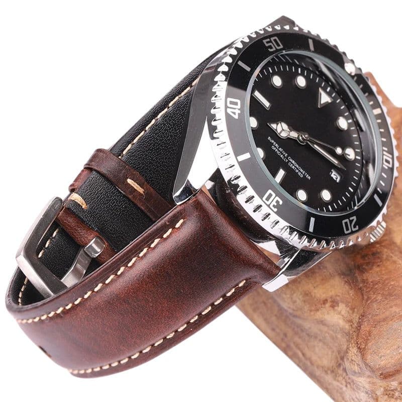 image-Oil Wax Cowhide Watch Band Strap Women Men Black Brown Smooth Genuine Leather Watchband 18 19 20 21 22 24mm Belt