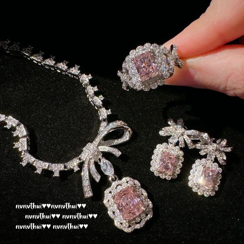 image-Sparkling Pink Bowknot Bridal Crystal Jewelry Set Female 925 Silver Color Luxury Elegant Wedding Banquet Ring/Earring/Necklace