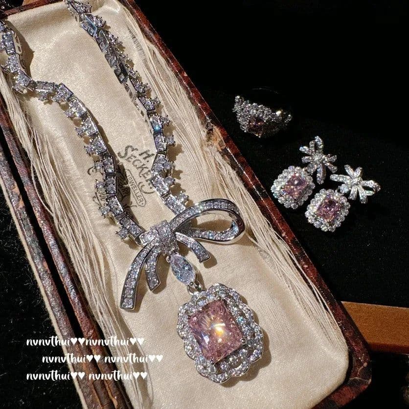 image-Sparkling Pink Bowknot Bridal Crystal Jewelry Set Female 925 Silver Color Luxury Elegant Wedding Banquet Ring/Earring/Necklace